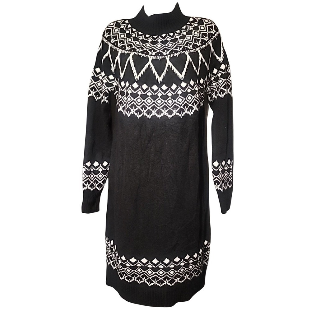 Loft Black White Fair Isle Mock Neck Sweater‎ Dress Long Sleeve Cotton Blend M